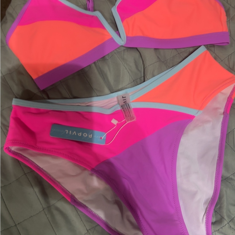 Popvil neon Women's Colorblock Bikini Set - Pink, Orange, Purple size Medium NWT